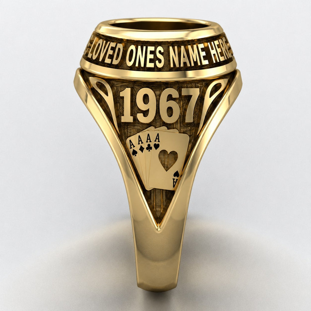 Ashes In Jewellery gold signet ring with 1967 engraving, four Aces, and customizable band for "LOVED ONES NAME HERE".