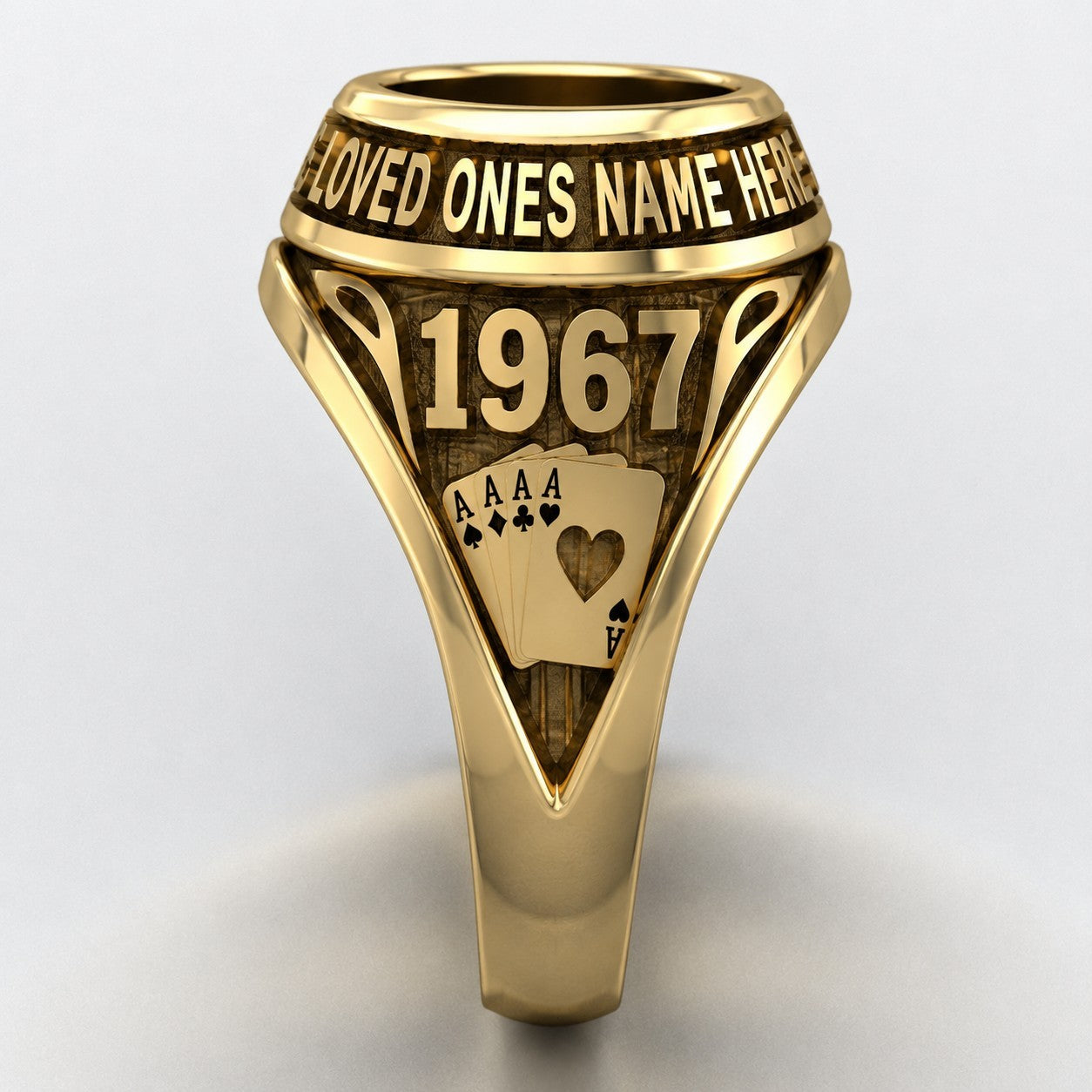 Ashes In Jewellery gold signet ring with 1967 engraving, four Aces, and customizable band for "LOVED ONES NAME HERE".