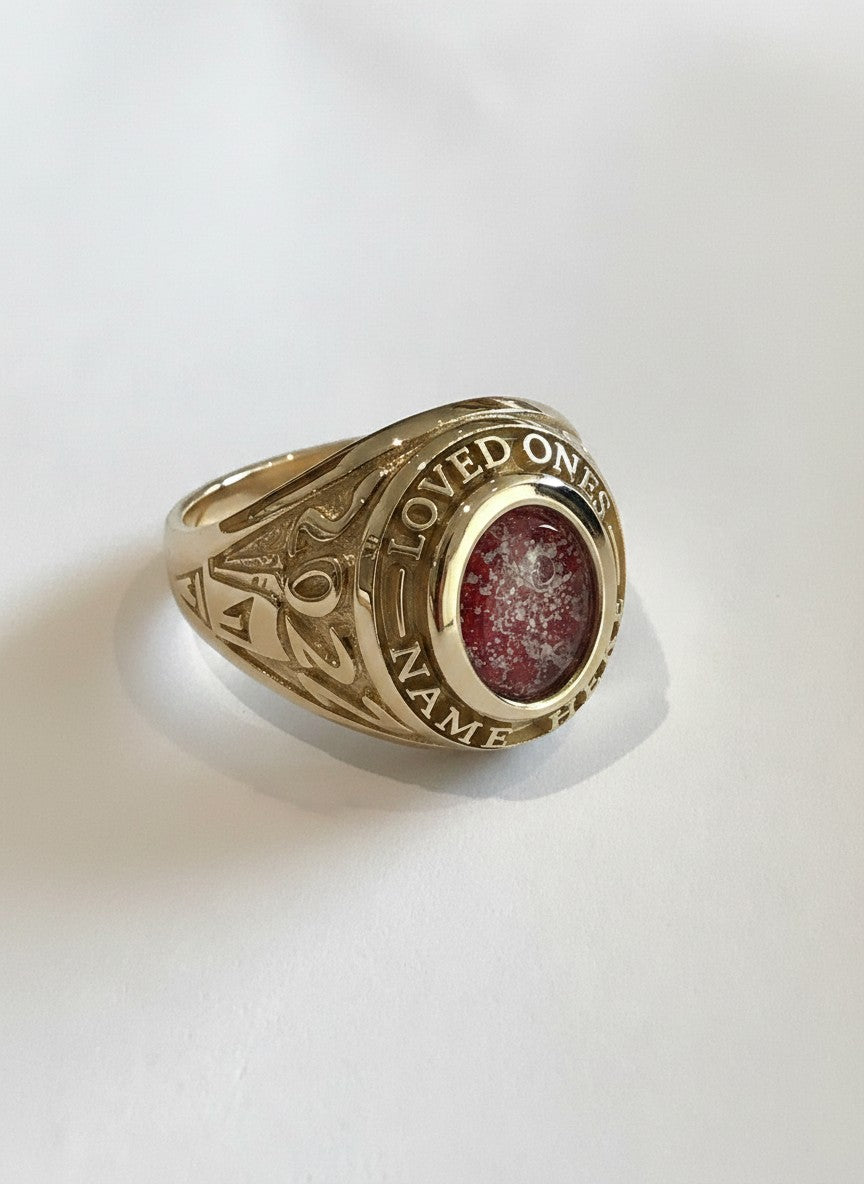 Ashes In Jewellery gold memorial ring with red speckled stone and "LOVED ONES" "NAME HERE" inscription.
