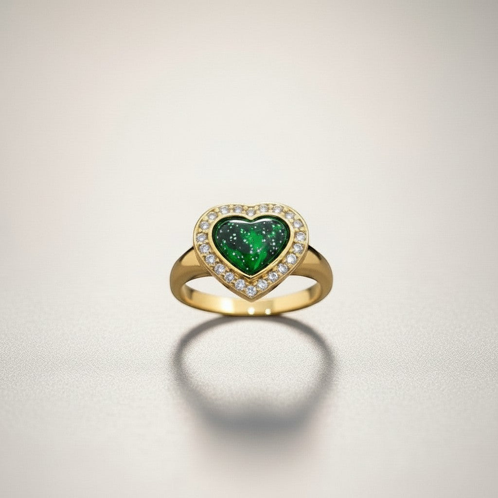 Ashes In Jewellery gold heart halo memorial ring with black speckled stone and clear crystals