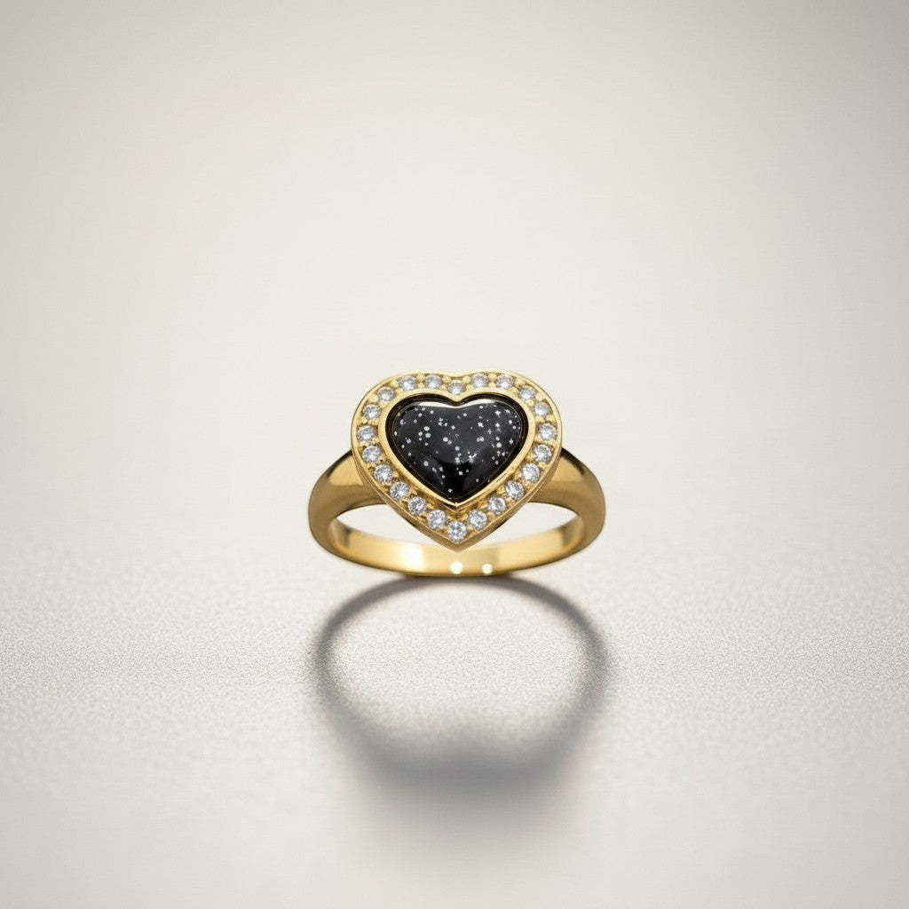 Ashes In Jewellery Heart Halo Memorial Ring with red glitter-filled heart and diamond halo on gold band.