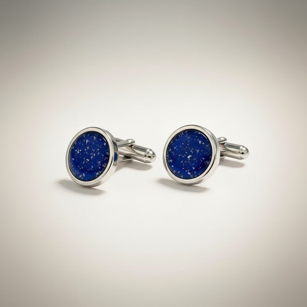 Ashes In Jewellery silver memorial cufflinks with deep blue lapis lazuli inlay, holding ashes.