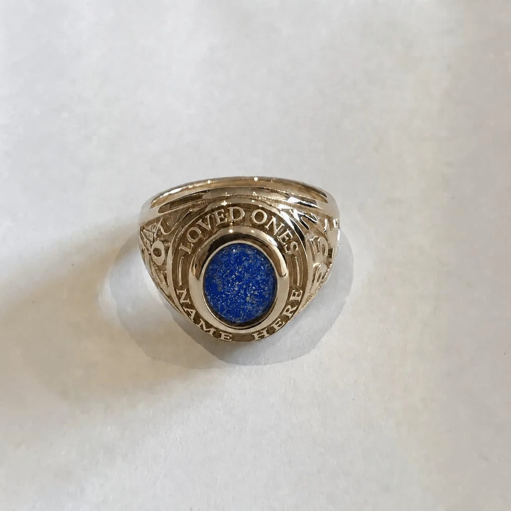 Ashes In Jewellery memorial ring with oval lapis lazuli stone, inscribed "LOVED ONES" and "NAME HERE".