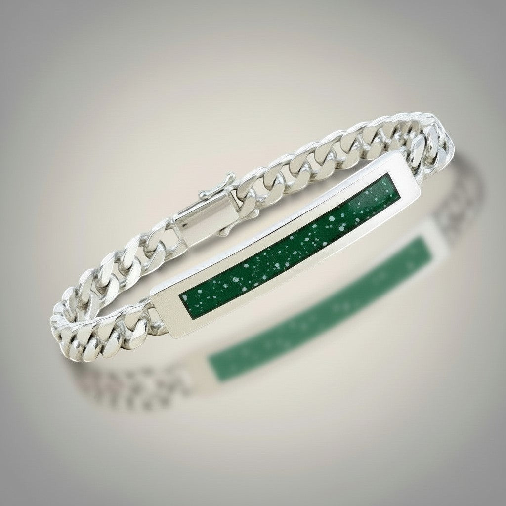 Ashes In Jewellery silver curb chain bracelet with a rectangular green inlay speckled with white.