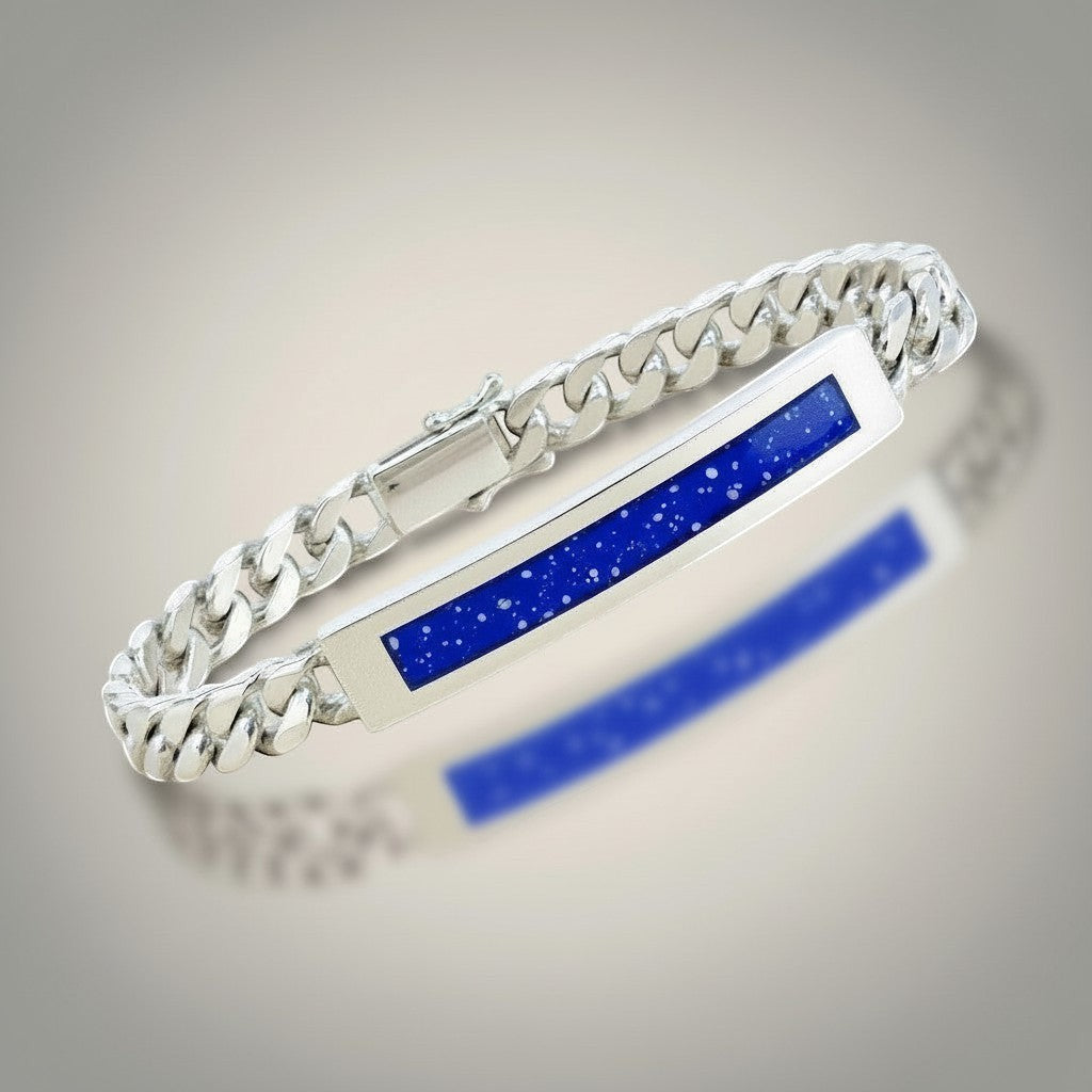 Ashes In Jewellery silver curb chain bracelet with a rectangular lapis lazuli inlay featuring white flecks.