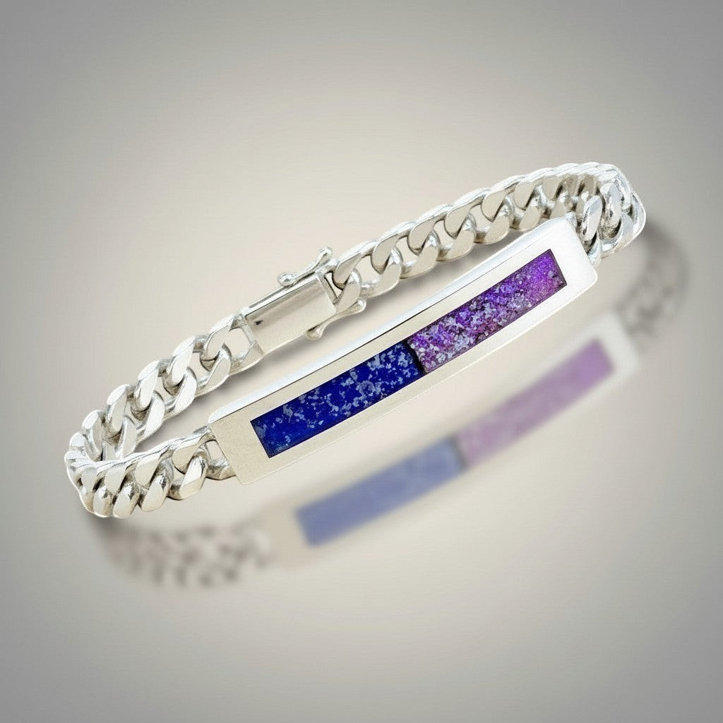 Ashes In Jewellery silver curb chain bracelet with a central bar featuring inlaid blue lapis lazuli and purple stone.