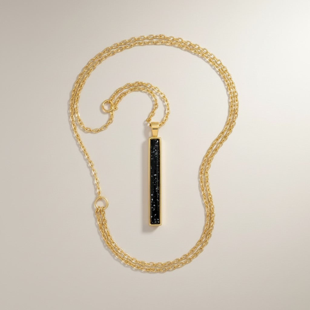 Ashes In Jewellery gold chain memorial pendant with black bar containing ashes. Handmade keepsake.