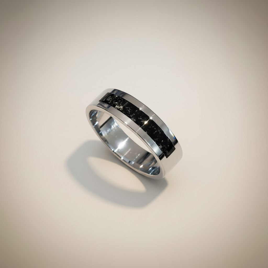 Ashes in Jewellery gold wedding band style memorial ring with black glass inlay.