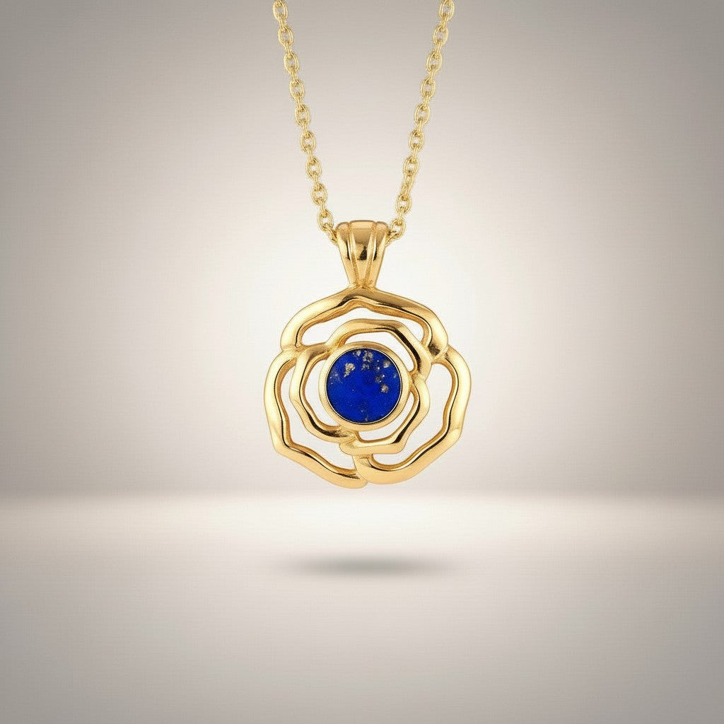 Ashes In Jewellery gold rose pendant with blue lapis lazuli stone, memorial jewellery.
