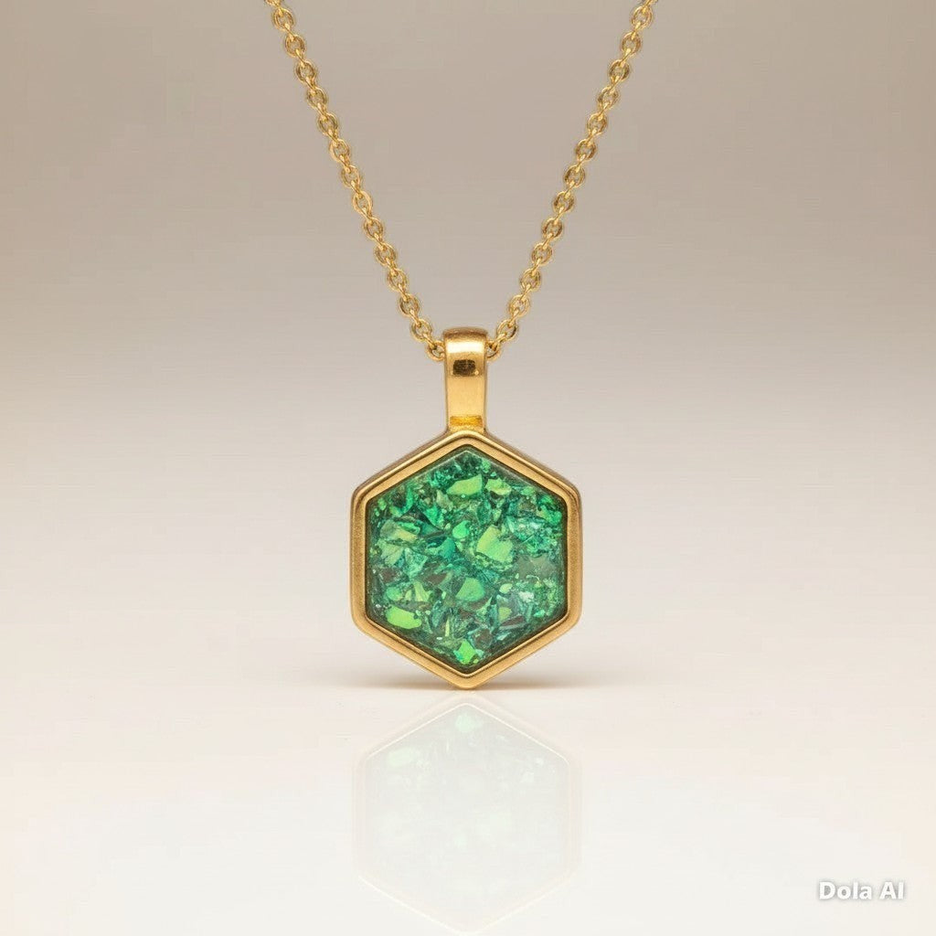 Ashes In Jewellery silver hexagon memorial pendant with green iridescent ashes. A meaningful keepsake.