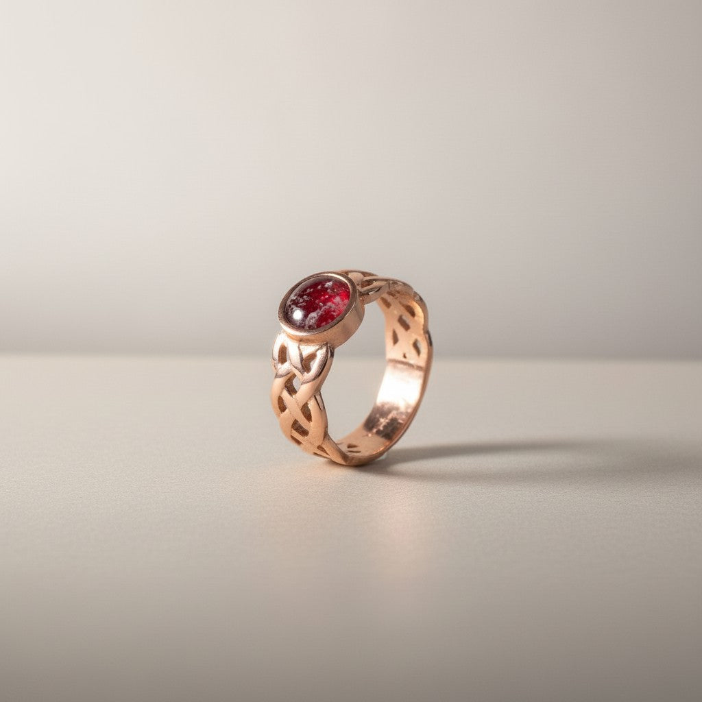 Ashes In Jewellery rose gold Celtic knot ring with red stone, perfect for heritage and connection.