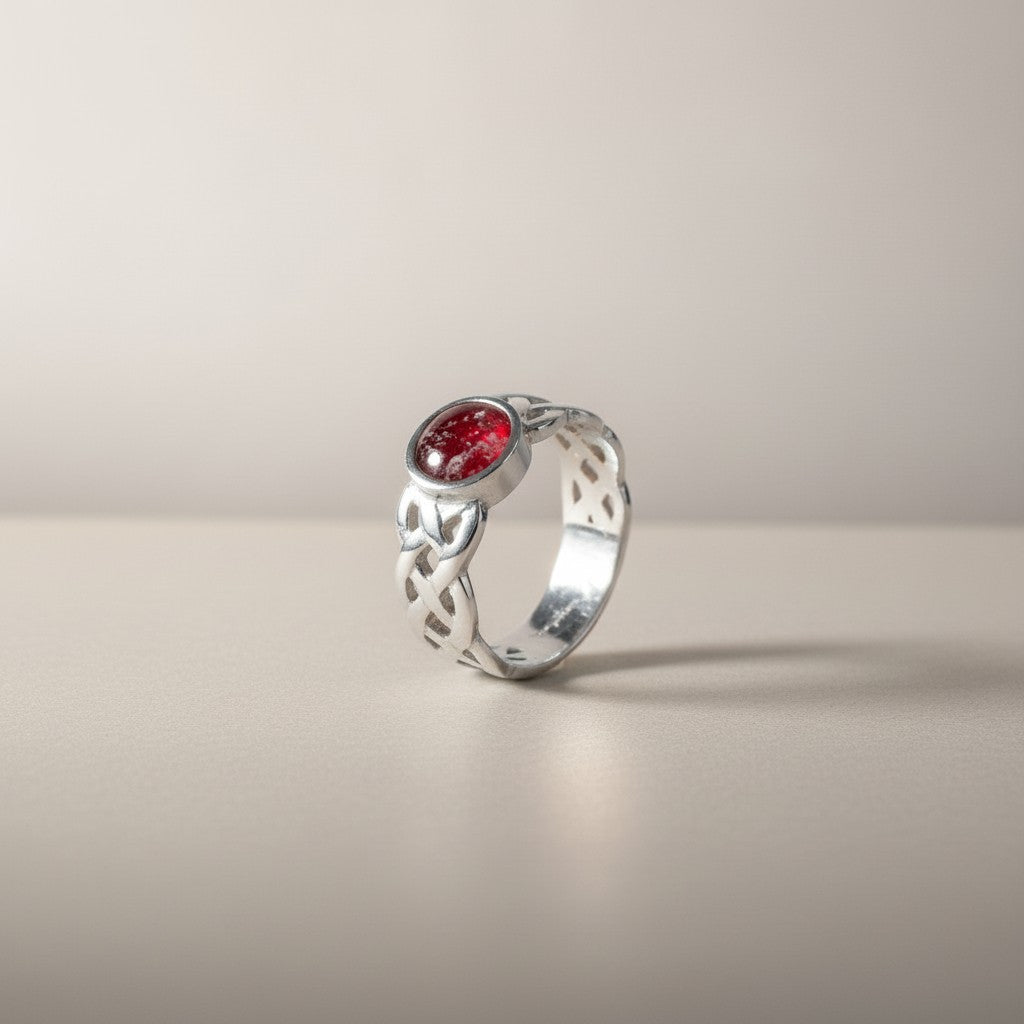 Ashes In Jewellery rose gold Celtic ring with red stone and intricate knotwork band.