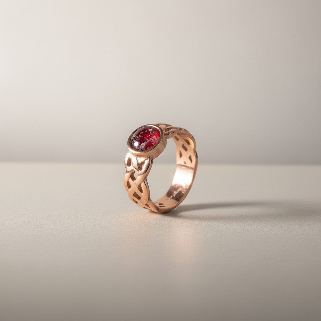 Ashes In Jewellery rose gold Celtic knot ring with red stone, perfect for everyday wear or as a keepsake.