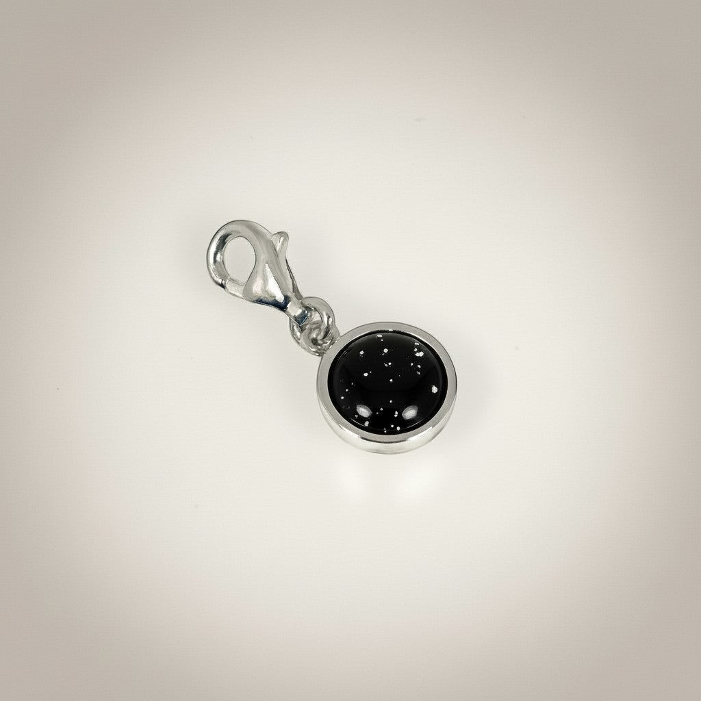 Ashes In Jewellery silver-tone round charm with black glitter inlay and lobster clasp.