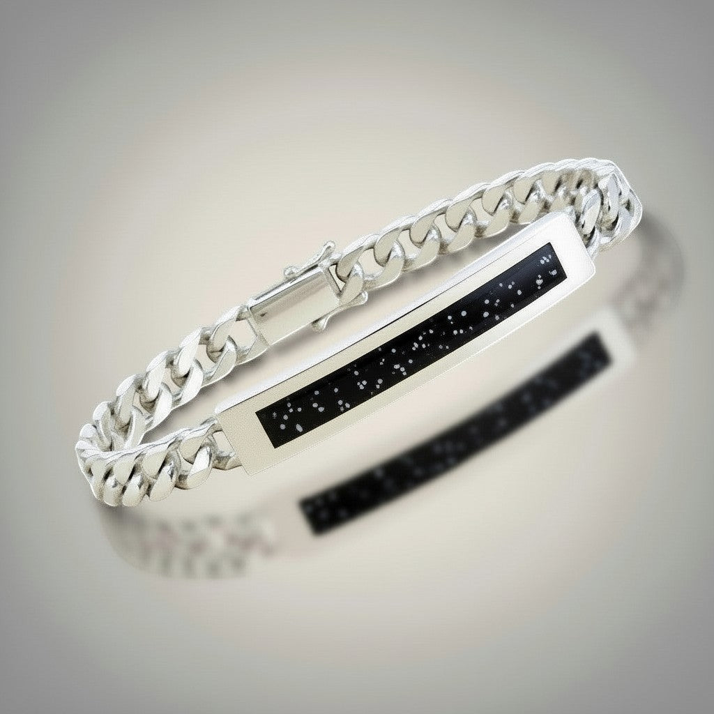 Ashes In Jewellery silver curb chain bracelet with black glass inlay, a memorial keepsake.