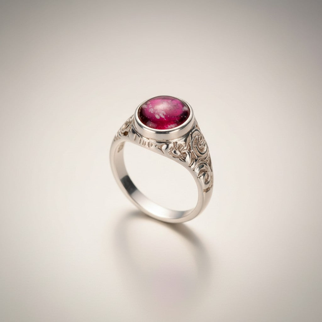 Ashes In Jewellery handcrafted silver gents ring with encapsulated ashes in a black oval glass stone.
