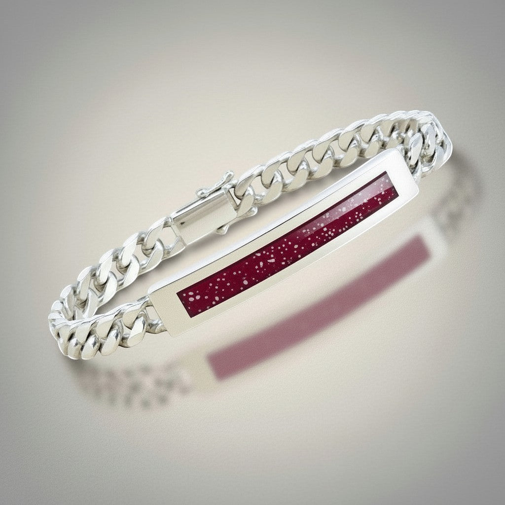 Ashes In Jewellery silver curb chain bracelet with a rectangular inlay of deep red glass flecked with white.