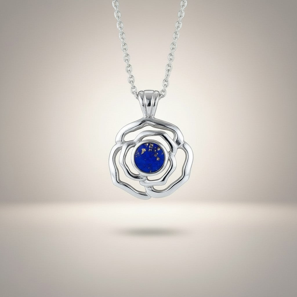 Ashes In Jewellery silver rose memorial pendant with blue lapis lazuli centre, designed to hold ashes.